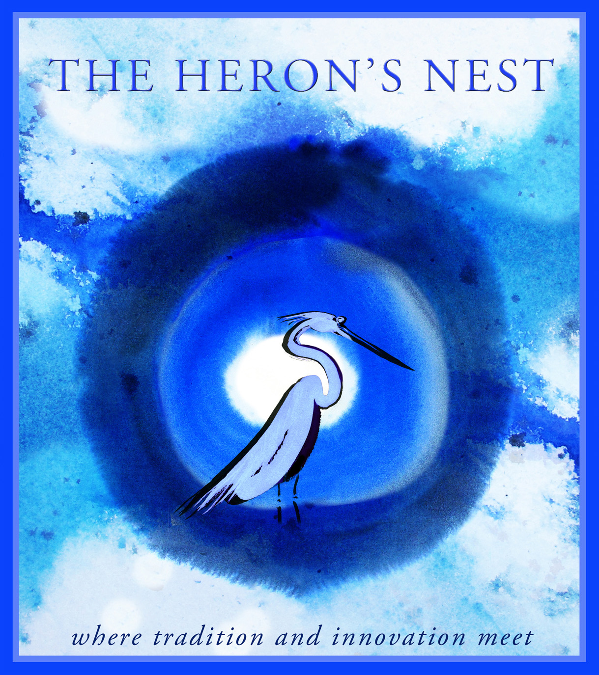 An illustrated heron stands inside a blue circle on a patterned blue background. Text in the foreground says The Heron's Nest: Where Tradition and Innovation Meet